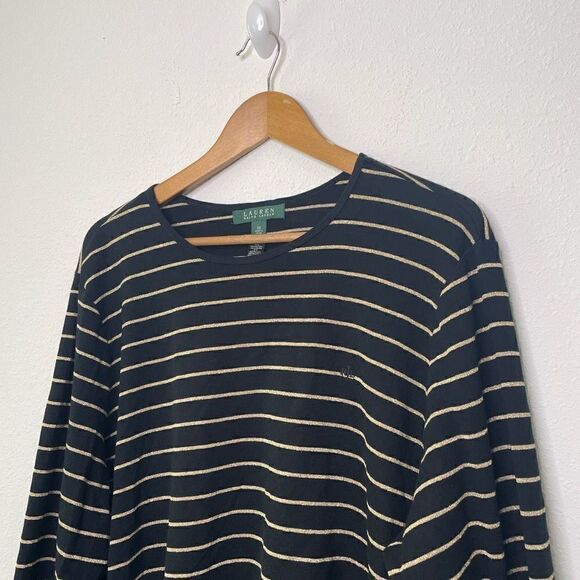 Lauren Ralph Lauren Lightweight Knit Black Gold Striped Long Sleeve Top Size 3X - Picture 2 of 7